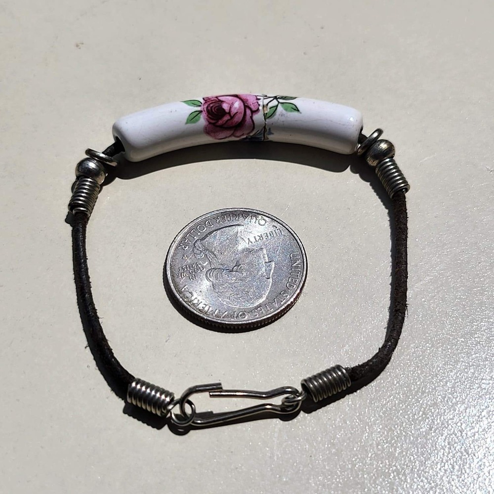 Vintage Leather Porcelain Rose Tube Bead Bracelet Brown Pink Floral Boho - Picture 3 of 6